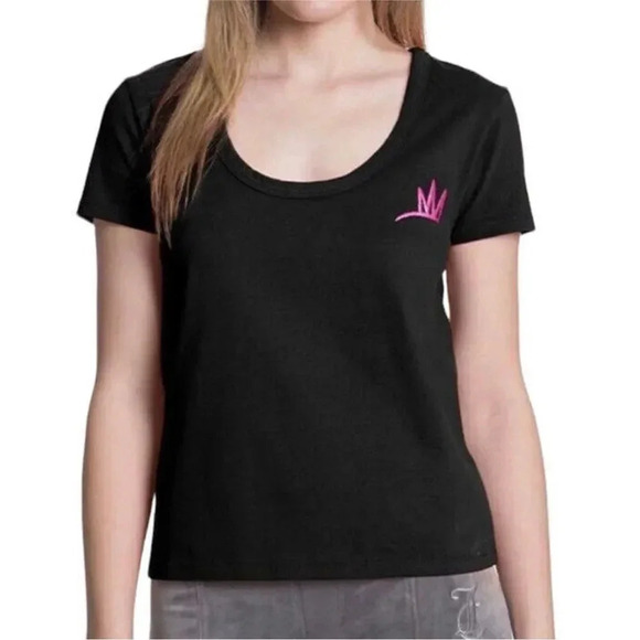 Juicy Couture Stay Juicy Scoop Neckline Short Sleeve Textured T-shirt Black M - Picture 1 of 13